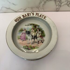 Antique Victorian baby’s plate with girls & Newfoundland Landseer dog ceramic
